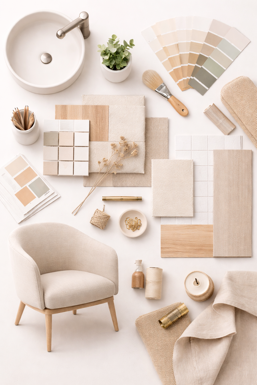 Inspiration board with tiles, wood samples, fittings, and material references
