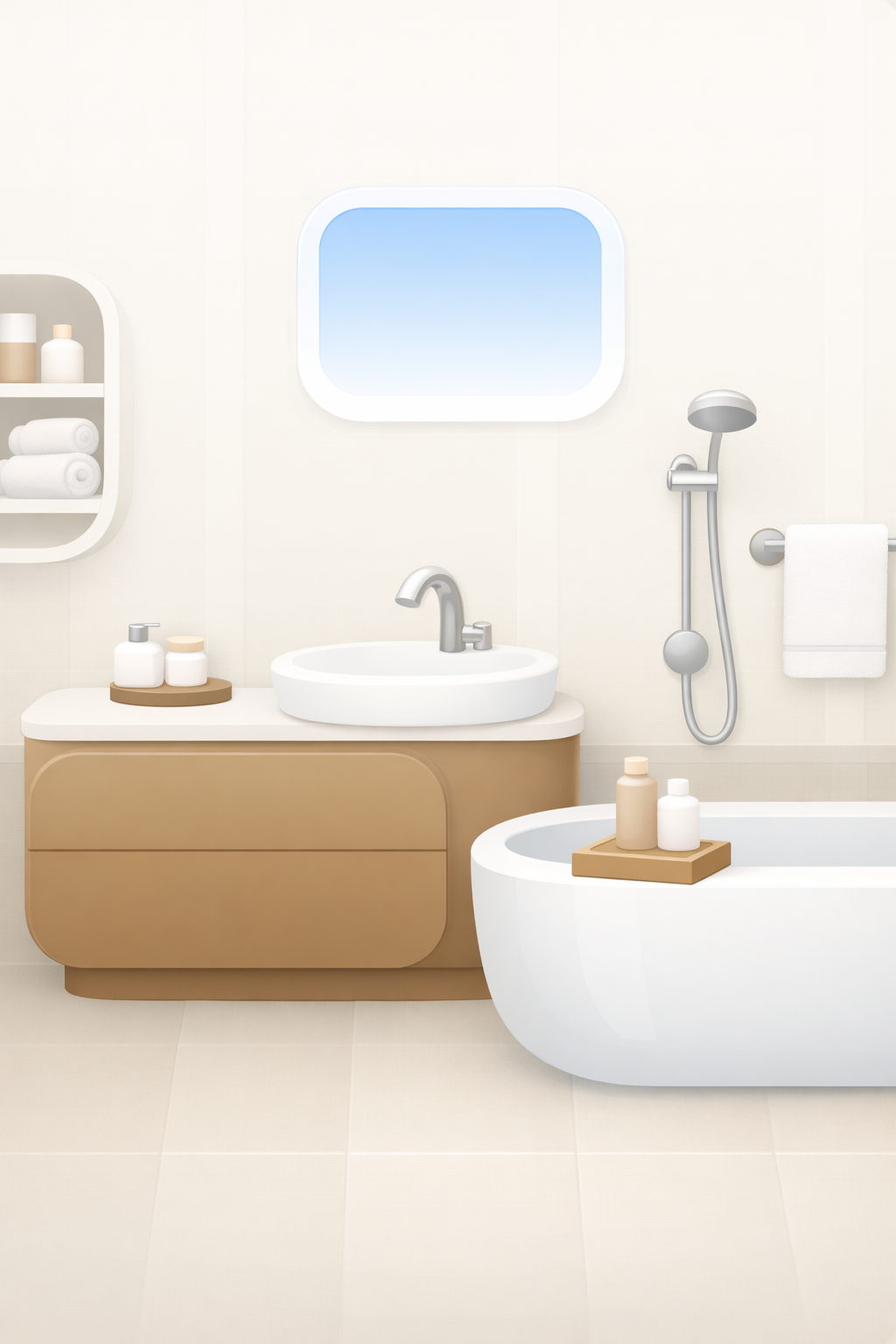 Soft neutral bathroom concept with a freestanding tub and light wood finishes