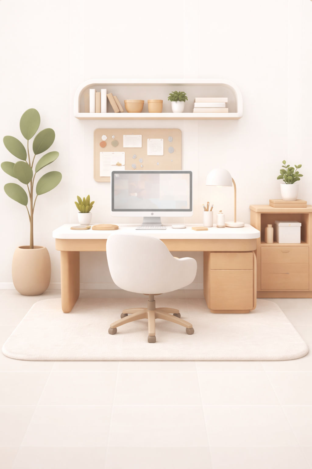 Minimal home office concept with a desk setup in a soft neutral palette