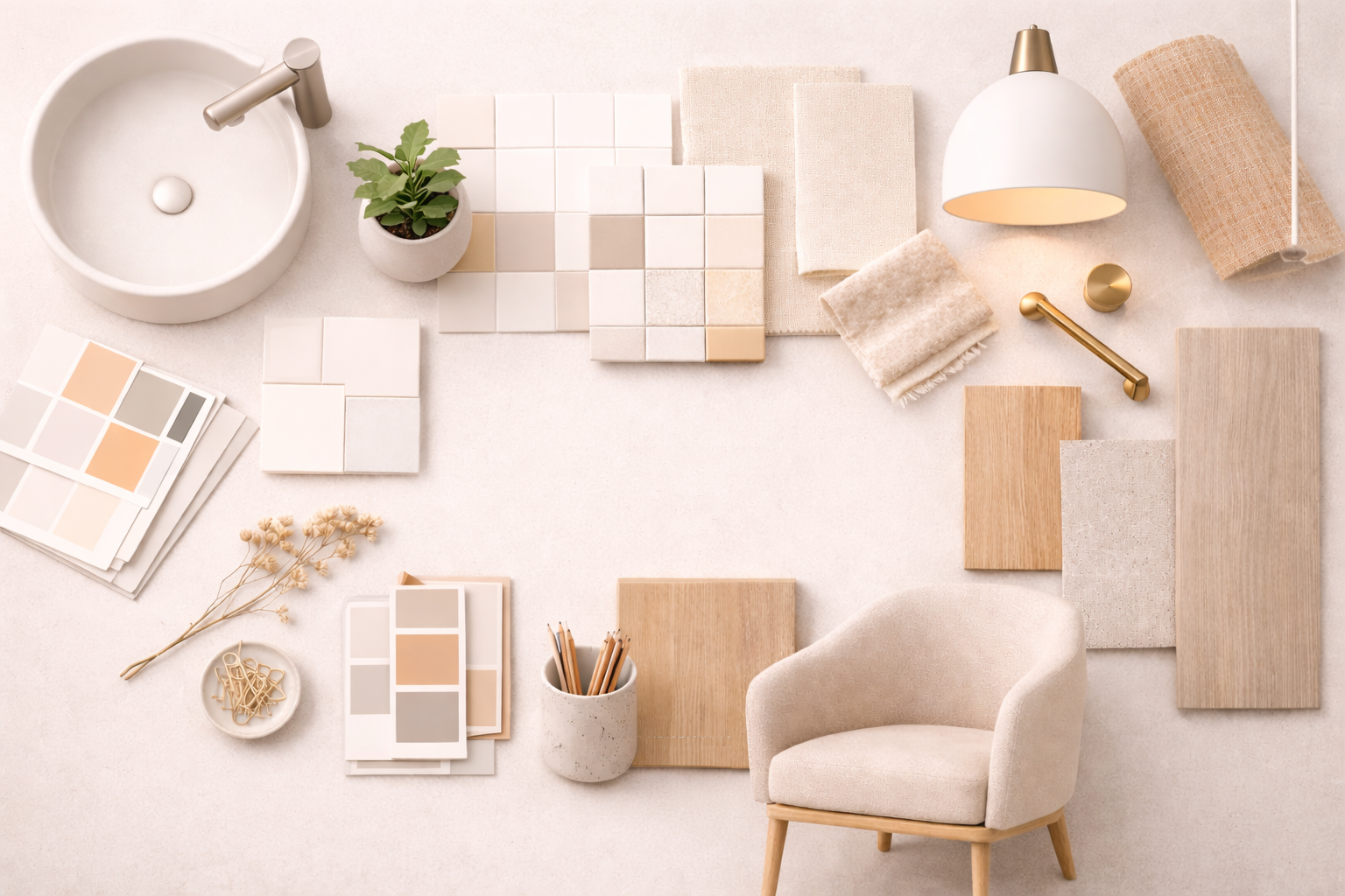 A reference board with tiles, finishes, fixtures, and furniture choices